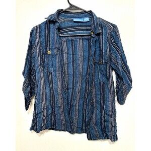 Vintage Paradise Bay Women's Blue Striped Woven 3/4 Sleeve Button-Up Top S
